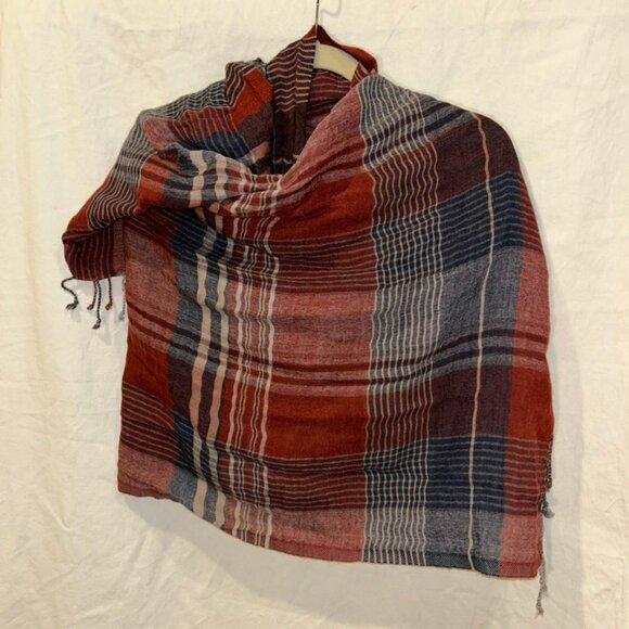 prana rusty red blue tartan plaid wool modal fringe trim shawl wrap scarf - Picture 2 of 4